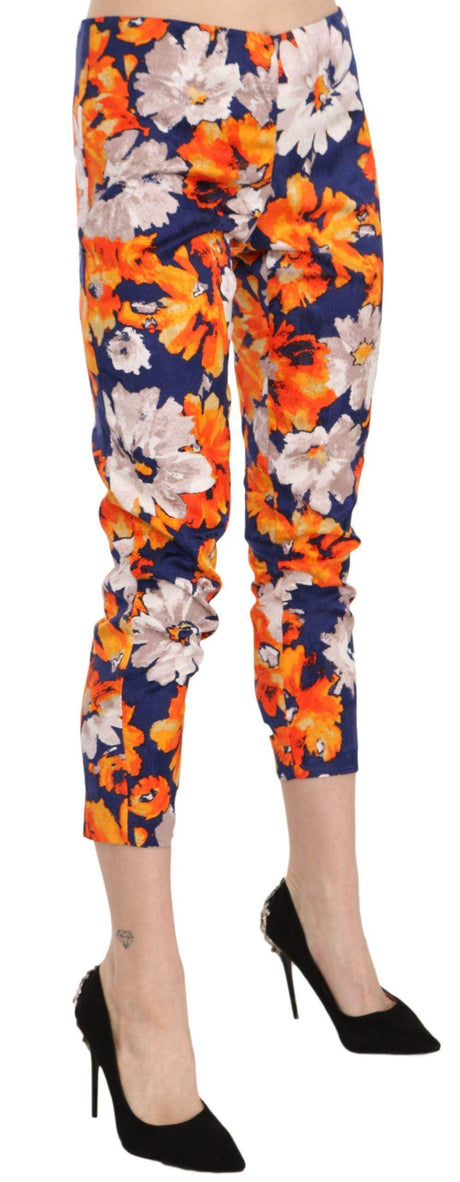 LANACAPRINA Blue Floral Print Skinny Slim Fit Trousers Pants - Hilstor