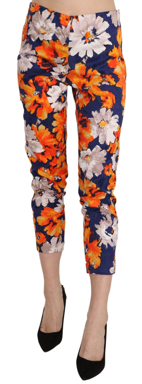 LANACAPRINA Blue Floral Print Skinny Slim Fit Trousers Pants - Hilstor
