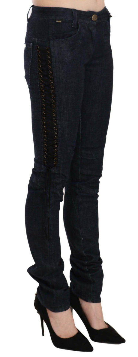 Just Cavalli Blue Low Waist Skinny Trousers Braided String Pants - Hilstor