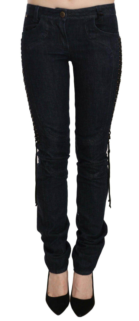 Just Cavalli Blue Low Waist Skinny Trousers Braided String Pants - Hilstor