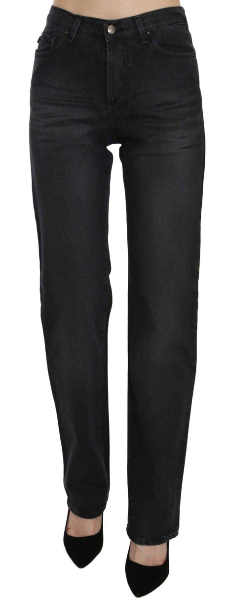 Just Cavalli Black Washed High Waist Straight Denim Pants Jeans - Hilstor