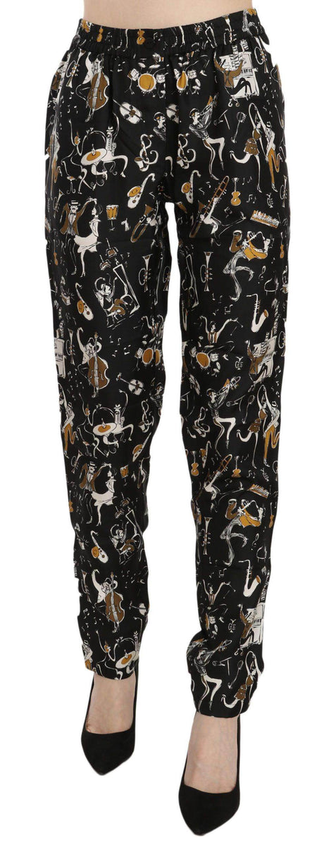 Dolce & Gabbana Black Jazz Club Print High Waist Tapered Pants - Hilstor