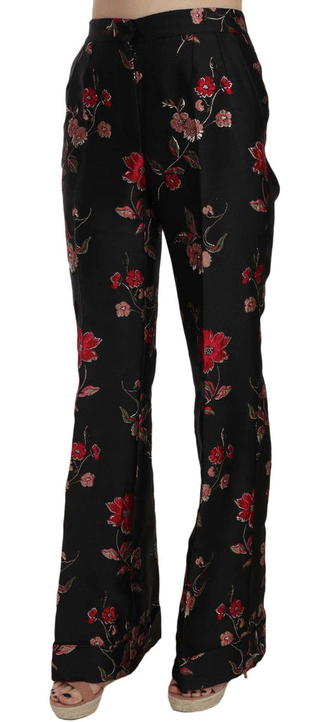 Dolce & Gabbana Floral Print Black Boot Cut Trouser Pants - Hilstor