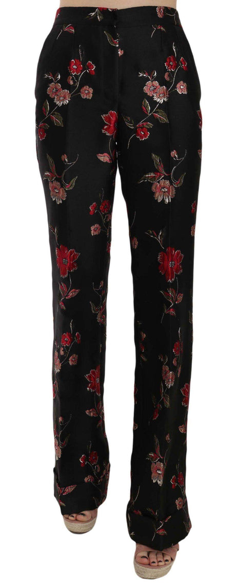Dolce & Gabbana Floral Print Black Boot Cut Trouser Pants - Hilstor