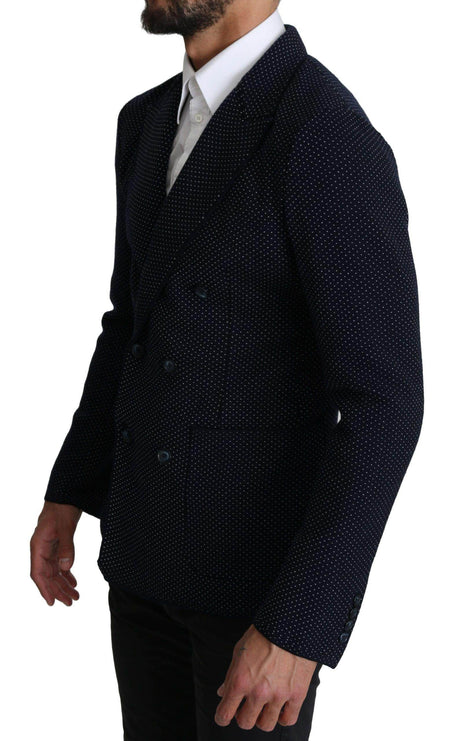 Dolce & Gabbana Dark Blue Dotted Double Breasted Coat Blazer - Hilstor