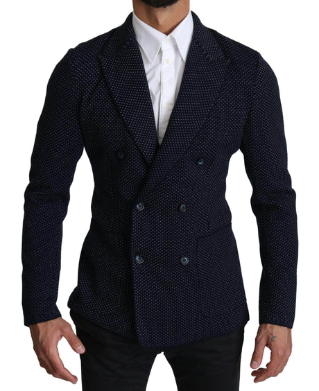Dolce & Gabbana Dark Blue Dotted Double Breasted Coat Blazer - Hilstor