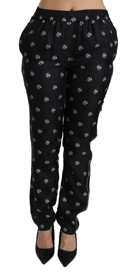 Dolce & Gabbana Black Printed Mid Waist Skinny Silk Pants - Hilstor
