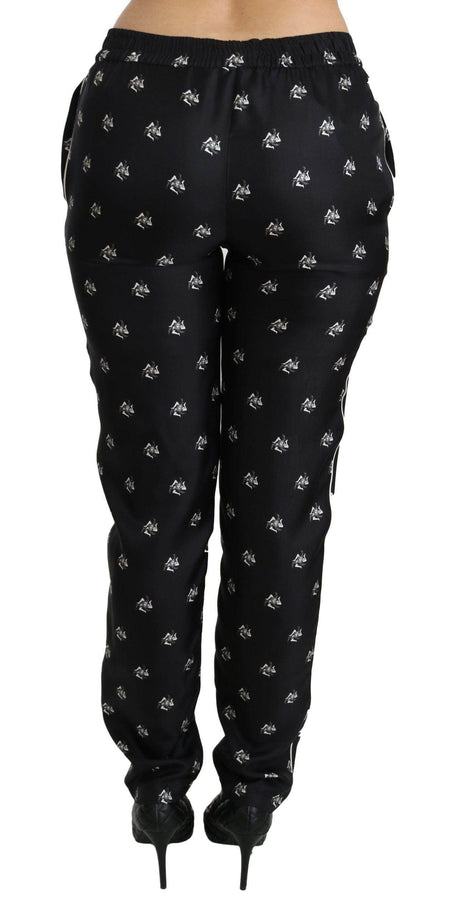 Dolce & Gabbana Black Printed Mid Waist Skinny Silk Pants - Hilstor