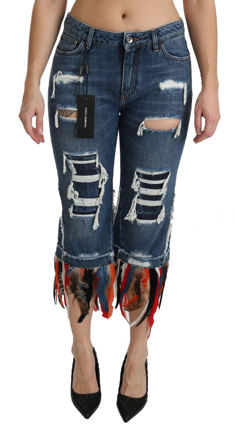 Dolce & Gabbana Blue Feathers Low Waist Cropped Cotton Jeans - Hilstor