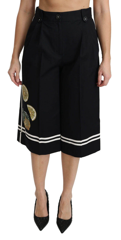 Dolce & Gabbana Black Lemon Embellished Palazzo Cropped Pants - Hilstor