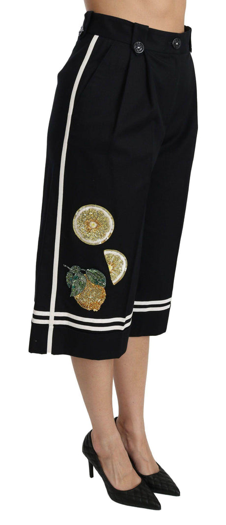Dolce & Gabbana Black Lemon Embellished Palazzo Cropped Pants - Hilstor
