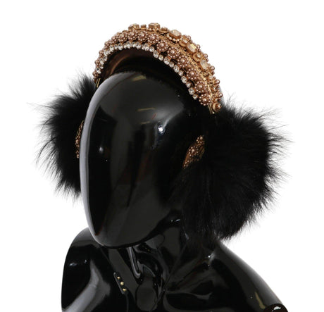 Dolce & Gabbana Gold Black Crystal Fur Headset Audio Headphones - Hilstor