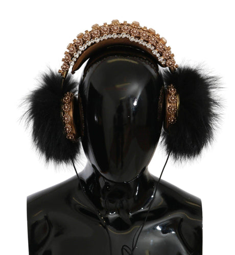 Dolce & Gabbana Gold Black Crystal Fur Headset Audio Headphones - Hilstor