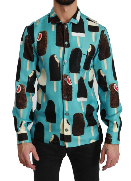 Dolce & Gabbana Blue Silk Ice Cream Print Casual Shirt - Hilstor
