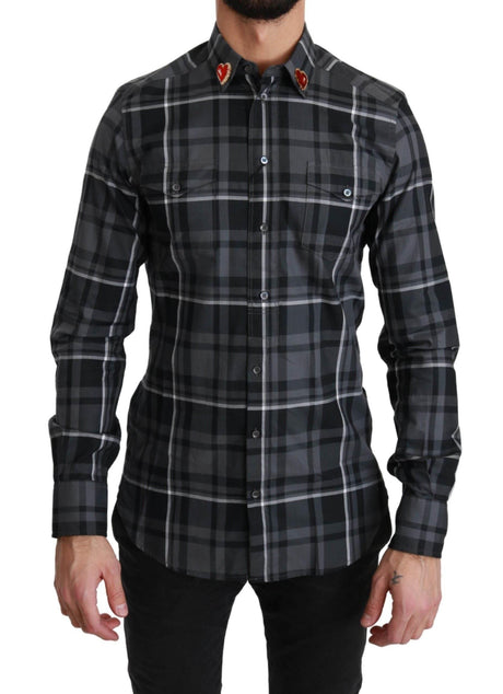 Dolce & Gabbana Gray Checkered Heart Collar MARTINI Shirt - Hilstor