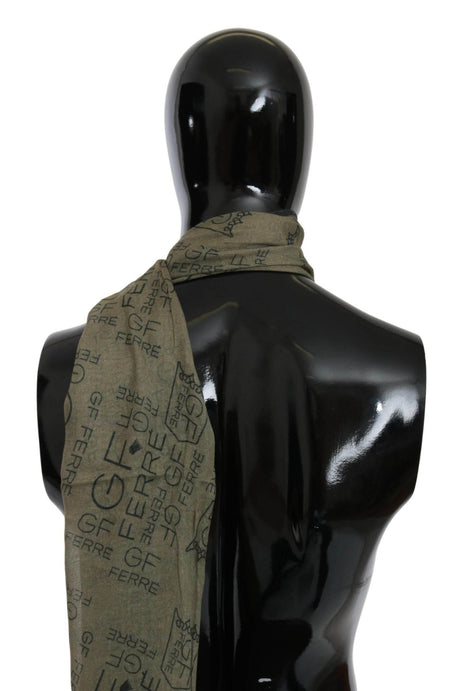 GF Ferre Green Wool Viscose Foulard Patterned Branded Scarf - Hilstor