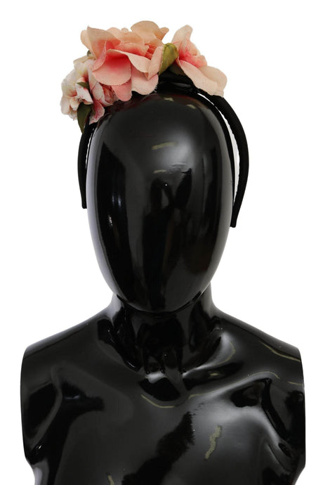 Dolce & Gabbana Pink Silk Black Floral Headband Logo Diadem - Hilstor