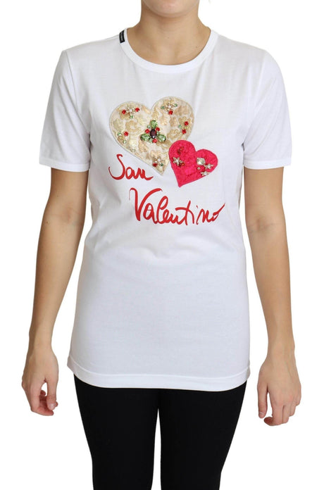 Dolce & Gabbana White San Valentino Heart Crystals T-shirt Top - Hilstor