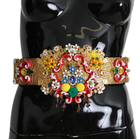 Dolce & Gabbana Embellished Floral Crystal Wide Waist Golden Belt - Hilstor