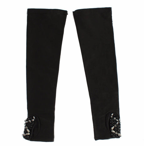 Dolce & Gabbana Black Leather Crystal Beaded Finger Free Gloves - Hilstor