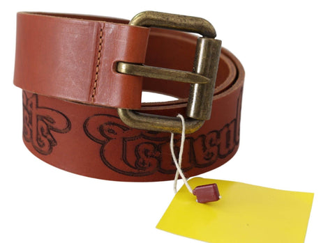 Just Cavalli Brown Leather Logo Bronze Rustic Metal Buckle Belt - Hilstor