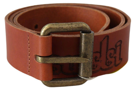 Just Cavalli Brown Leather Logo Bronze Rustic Metal Buckle Belt - Hilstor