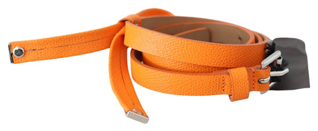 Scervino Street Orange Tangerine Leather Slim Silver Metal Buckle Belt - Hilstor
