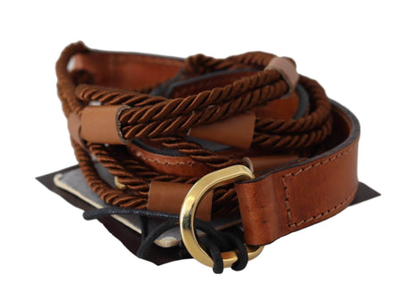 Scervino Street Brown Leather Braided Rope Gold Buckle Belt - Hilstor