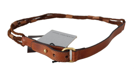 Scervino Street Brown Leather Braided Rope Gold Buckle Belt - Hilstor
