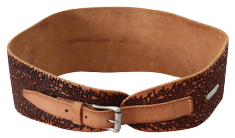 Scervino Street Brown Wide Leather Embroidered Design Logo Belt - Hilstor