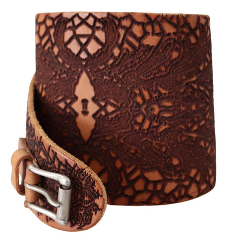 Scervino Street Brown Wide Leather Embroidered Design Logo Belt - Hilstor