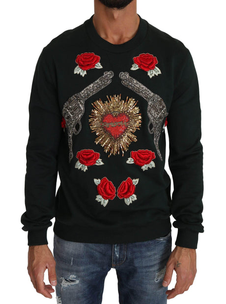 Dolce & Gabbana Green Crystal Heart Roses Gun Sweater - Hilstor