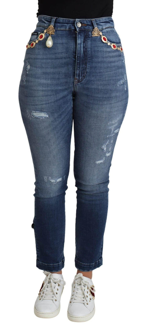 Dolce & Gabbana Blue Embellished Skinny Trouser Cotton Jeans - Hilstor