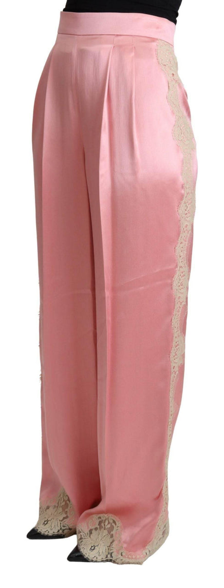 Dolce & Gabbana Pink Lace Trimmed Silk Satin Wide Legs Pants - Hilstor