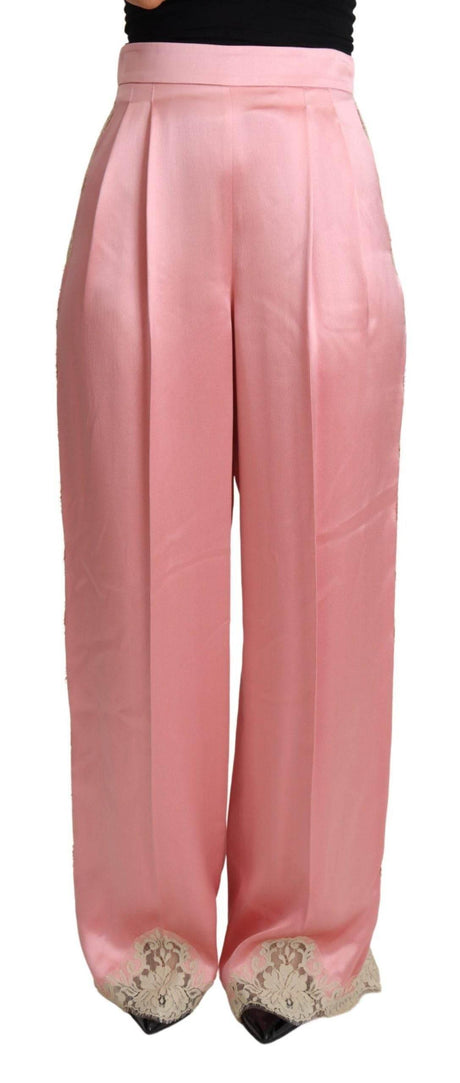Dolce & Gabbana Pink Lace Trimmed Silk Satin Wide Legs Pants - Hilstor