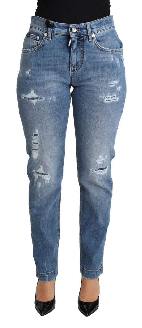 Dolce & Gabbana Blue Tattered Skinny Denim Cotton Blend Jeans - Hilstor