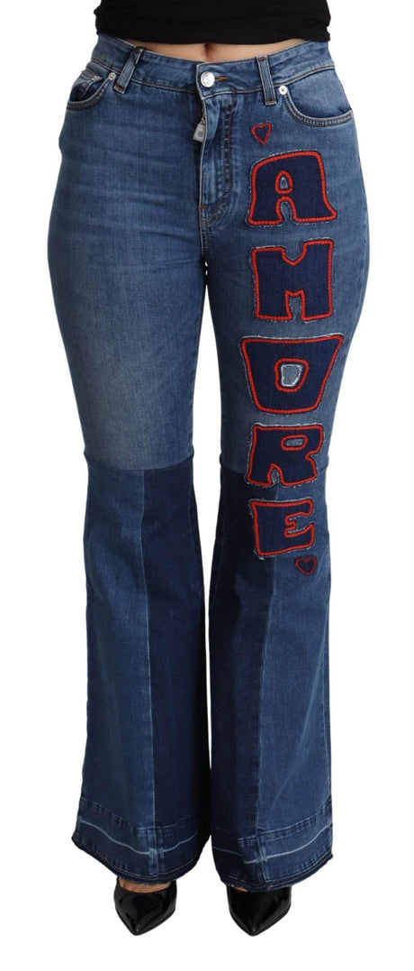 Dolce & Gabbana Blue Amore Patch Boot Cut Cotton Stretch Pant - Hilstor