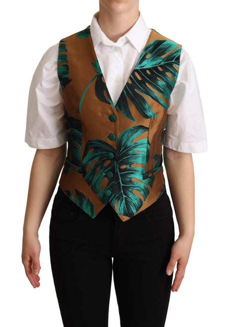 Dolce & Gabbana Green Jacquard Leaf Gold Waistcoat Vest - Hilstor