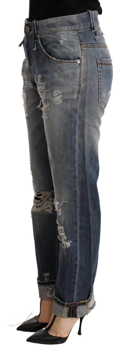 Acht Blue Tattered Mid Waist Straight Denim Trouser - Hilstor