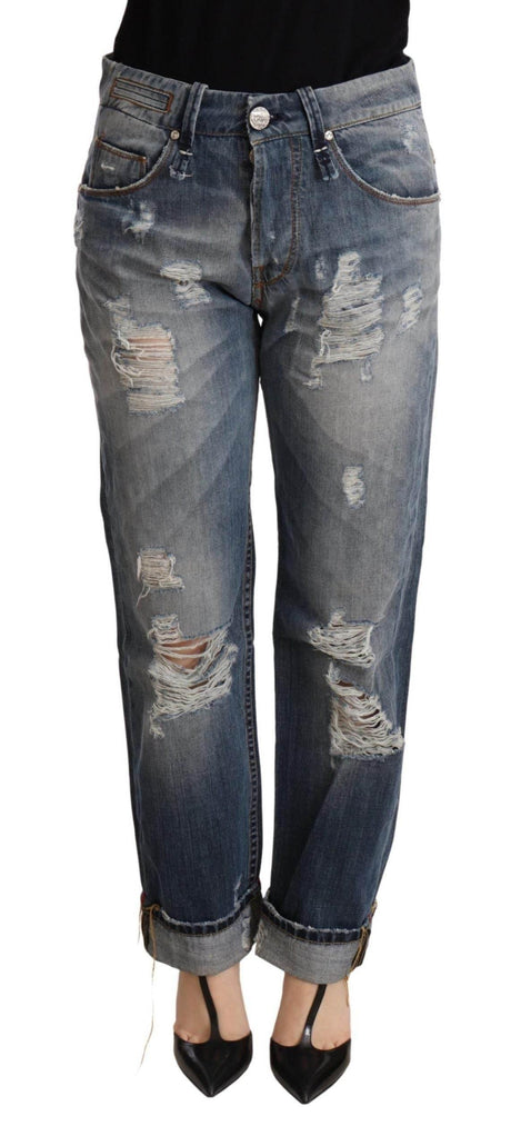 Acht Blue Tattered Mid Waist Straight Denim Trouser - Hilstor