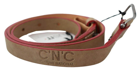 Costume National Beige Leather Silver Logo Buckle Waist Belt - Hilstor