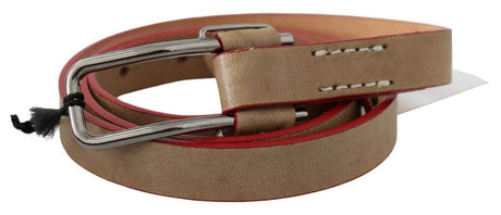 Costume National Beige Leather Silver Logo Buckle Waist Belt - Hilstor