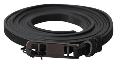 Costume National Black Leather Skinny Logo Buckle Belt - Hilstor