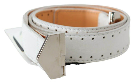 GF Ferre White Leather Hexagon Logo Buckle Waist Belt - Hilstor