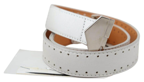 GF Ferre White Leather Hexagon Logo Buckle Waist Belt - Hilstor
