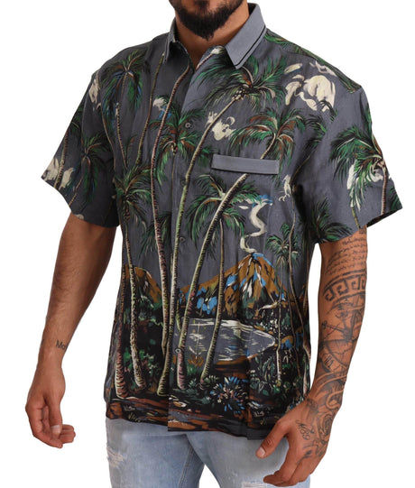 Dolce & Gabbana Gray Linen Tropical Print Collared Shirt - Hilstor