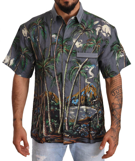 Dolce & Gabbana Gray Linen Tropical Print Collared Shirt - Hilstor