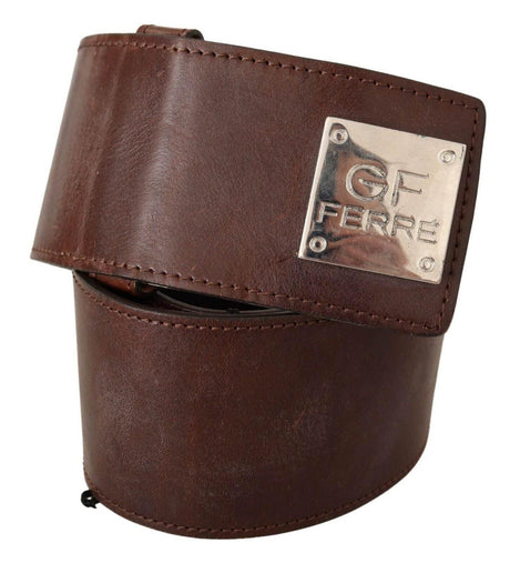 GF Ferre Brown Genuine Leather Wide Logo Buckle Waist Belt - Hilstor
