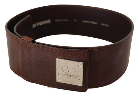 GF Ferre Brown Genuine Leather Wide Logo Buckle Waist Belt - Hilstor