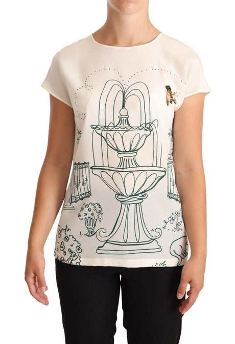 Dolce & Gabbana White Silk Garden Fountain T-Shirt Blouse - Hilstor